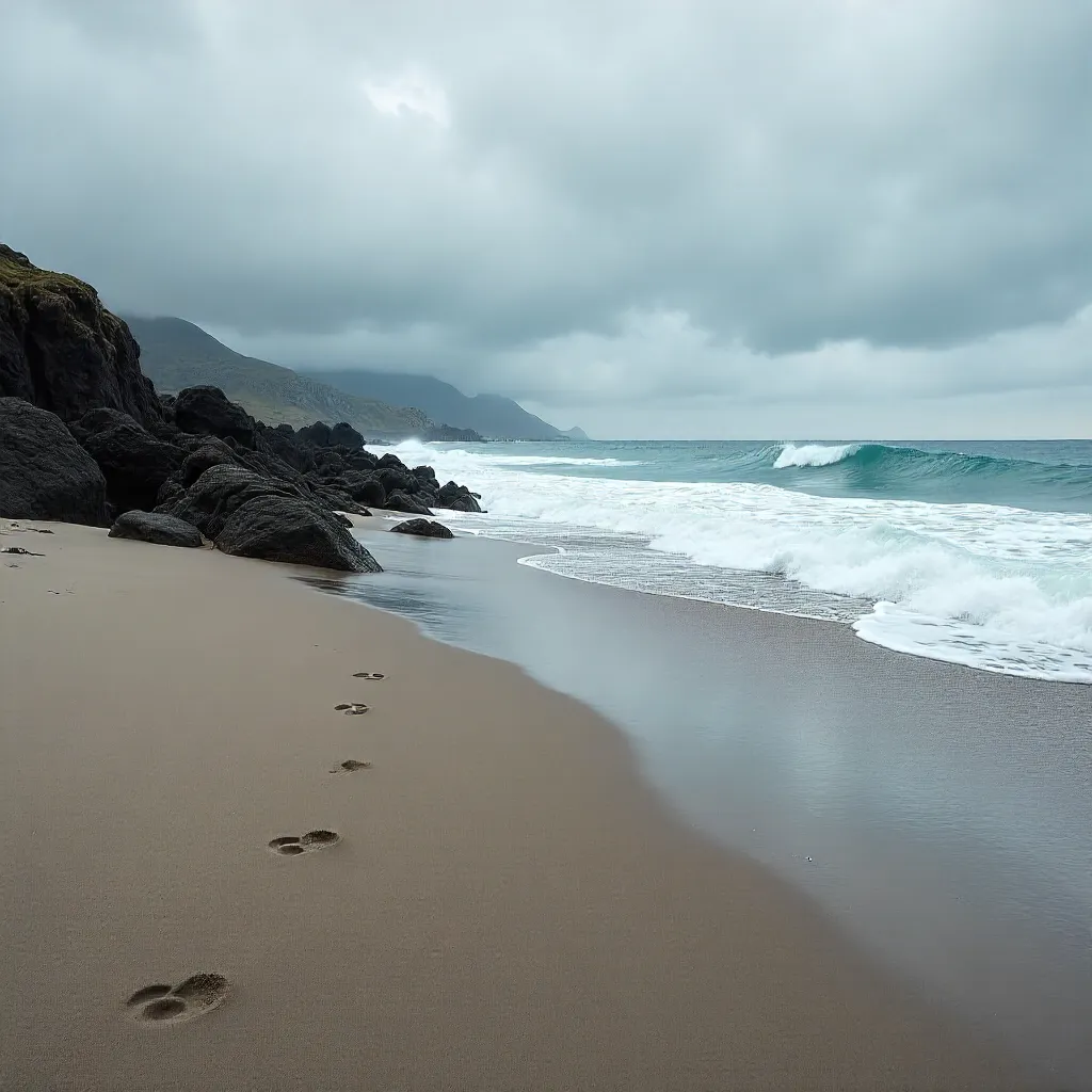 Footprints on a Serene Coast Under Overcast Skies