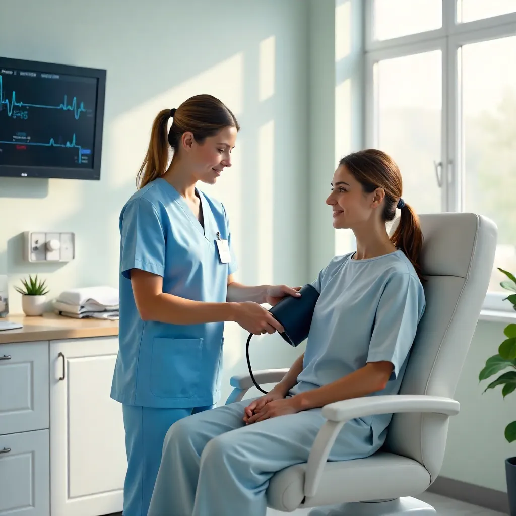 Bright Clinic Check-Up: Nurse Assisting Patient
