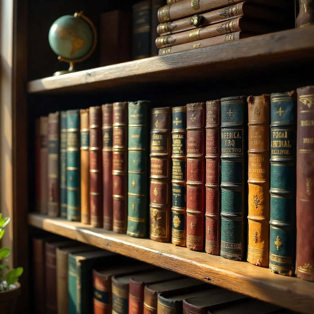 Vintage Bookshelf: A Diverse, Neatly Arranged Library