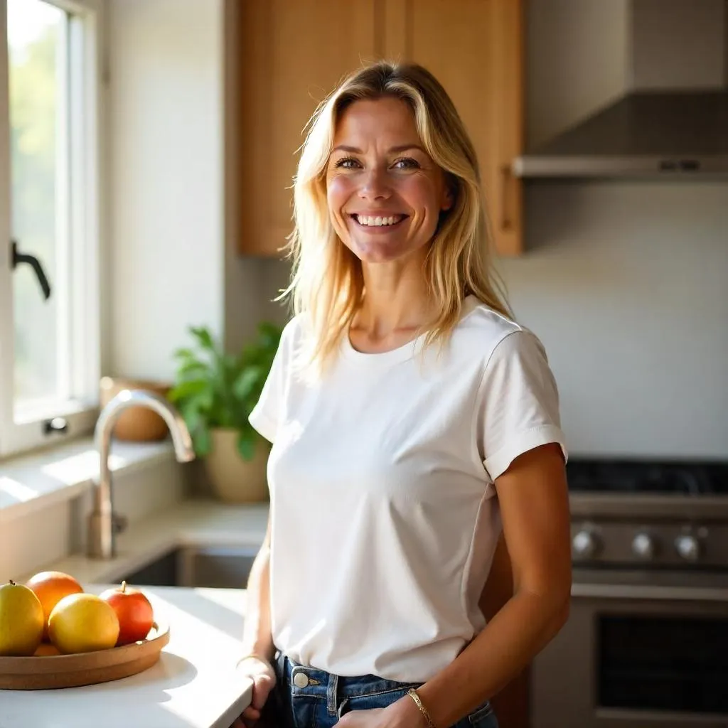 Cheerful White Woman in a Bright Kitchen