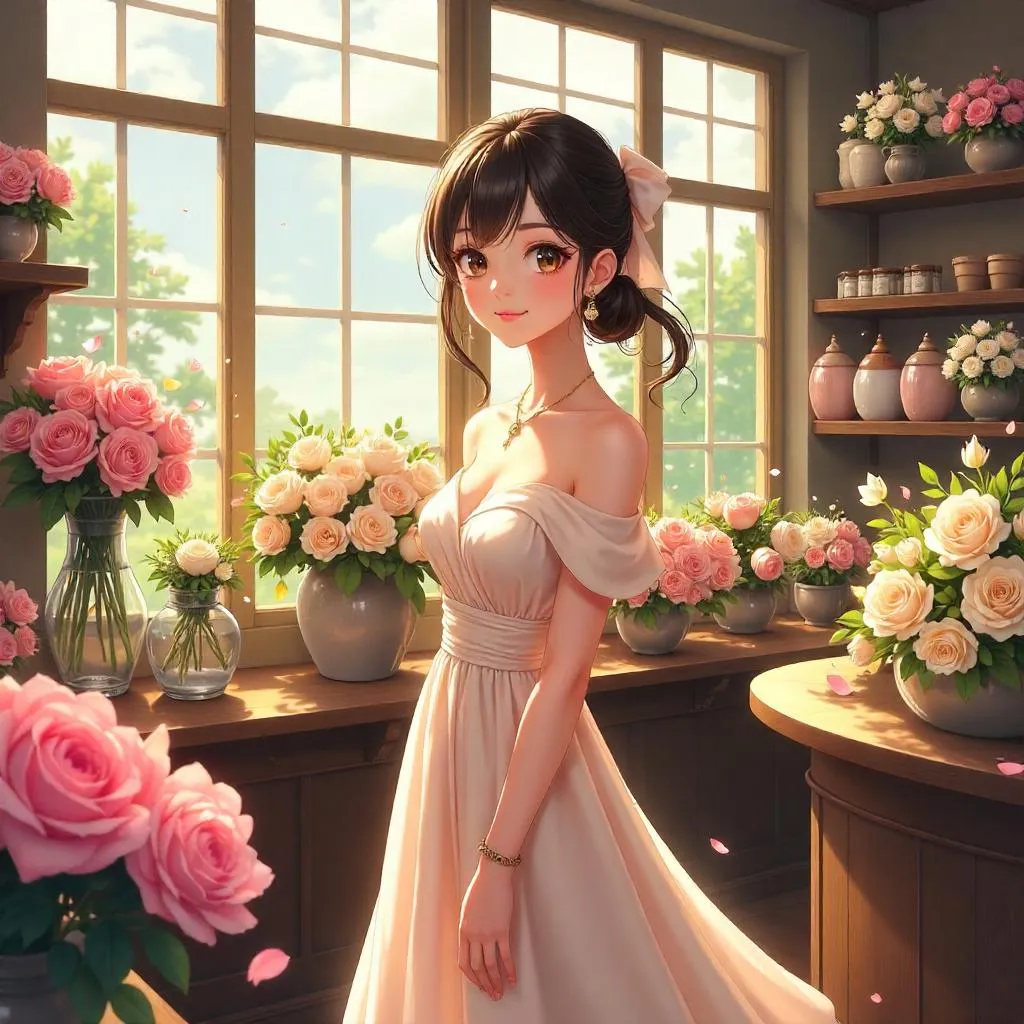 Elegant Anime Girl in a Blooming Flower Shop