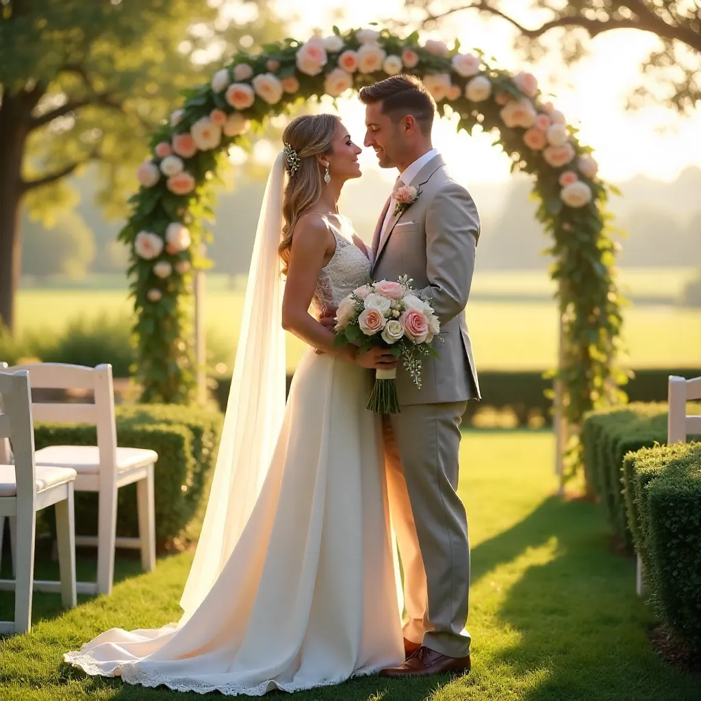 Serene Outdoor Wedding Embrace at Golden Hour