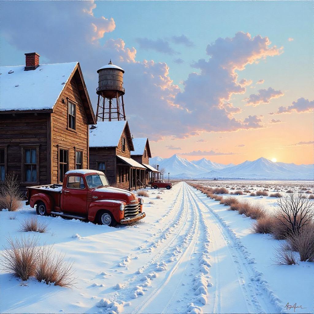 Oil-Painted Tundra Ghost Town at Dusk