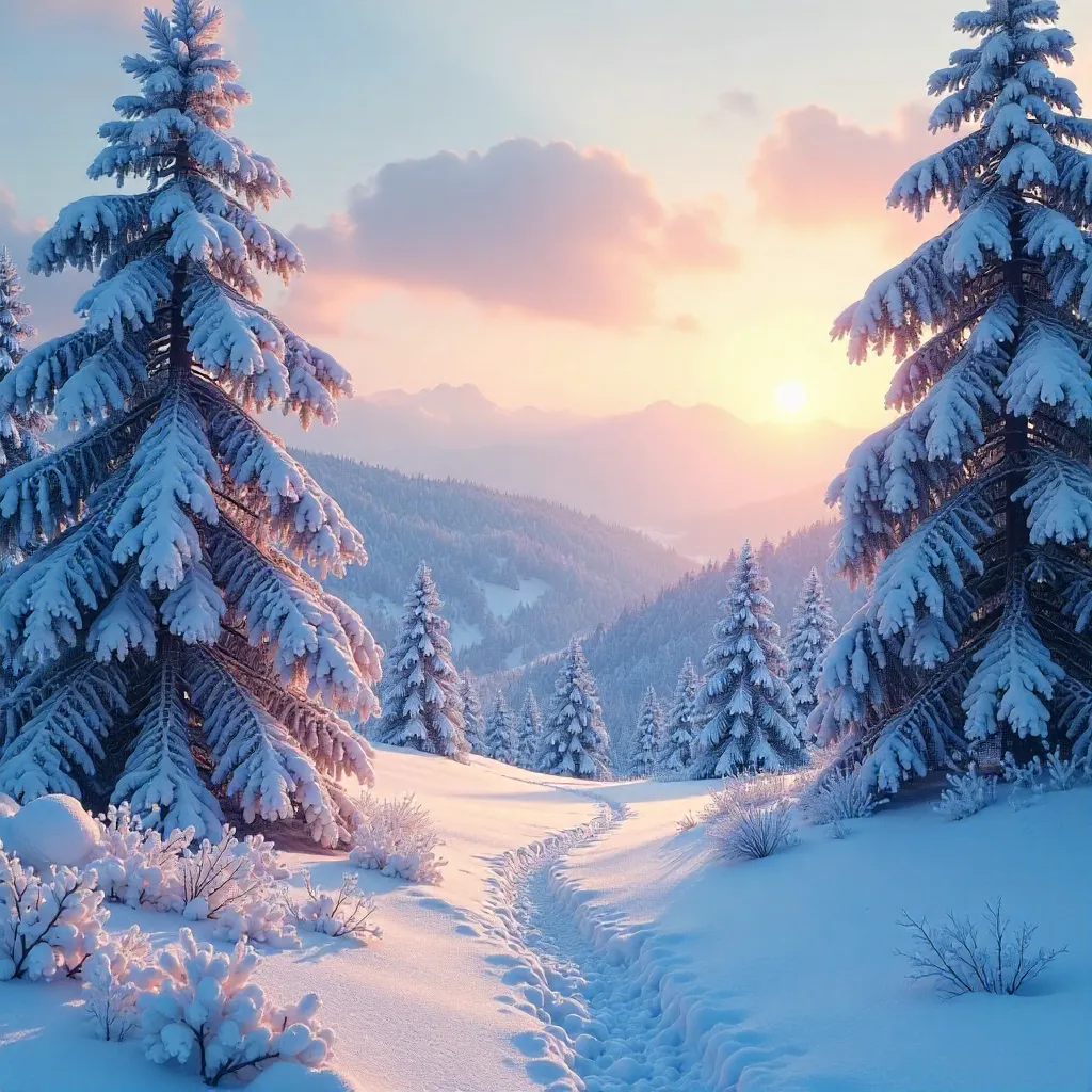 Serene Winter Scene: Snow-Covered Trees and Distant Forest