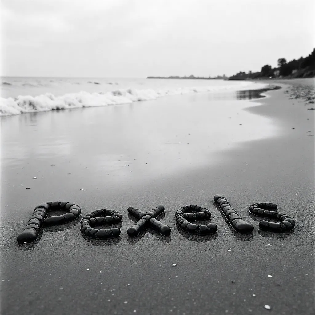 Stone letters on Şile beach in monochrome