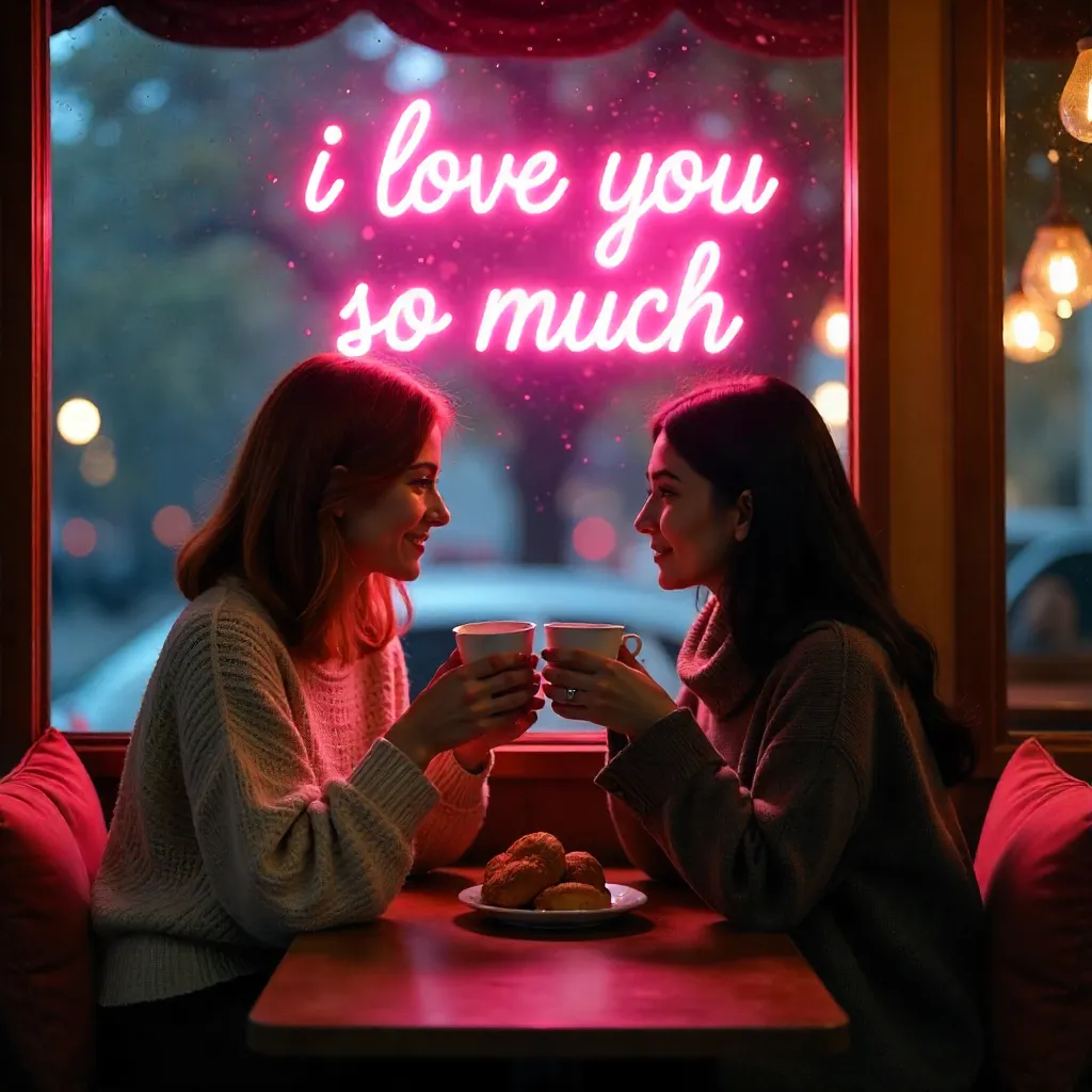 Two Women in a Cozy Café Under Neon I Love You Sign