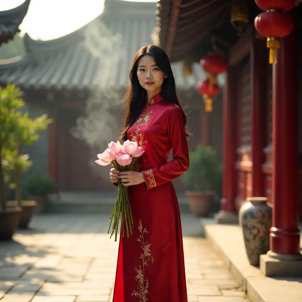 Ao Dai by the Pagoda: Woman with Flowers