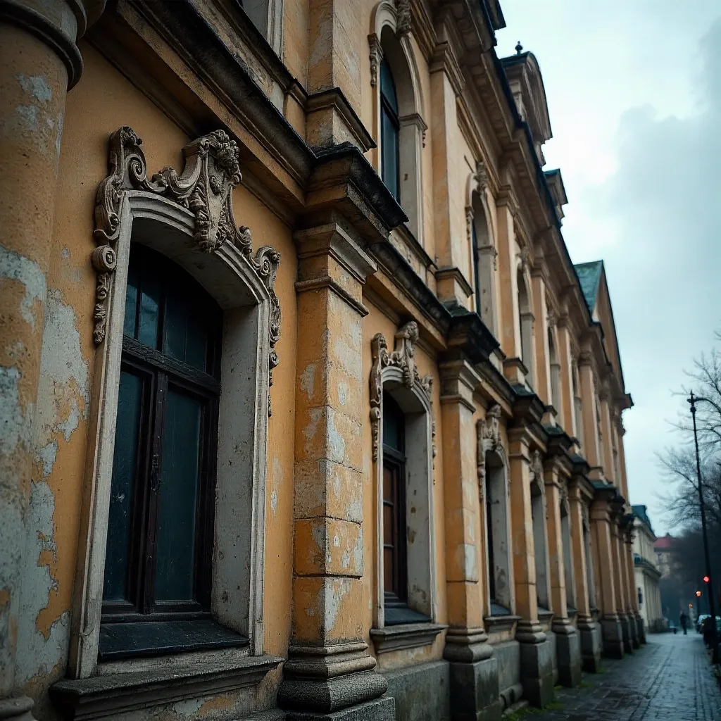 Close-Up of Lviv Historic Facade with Cloudy Sky