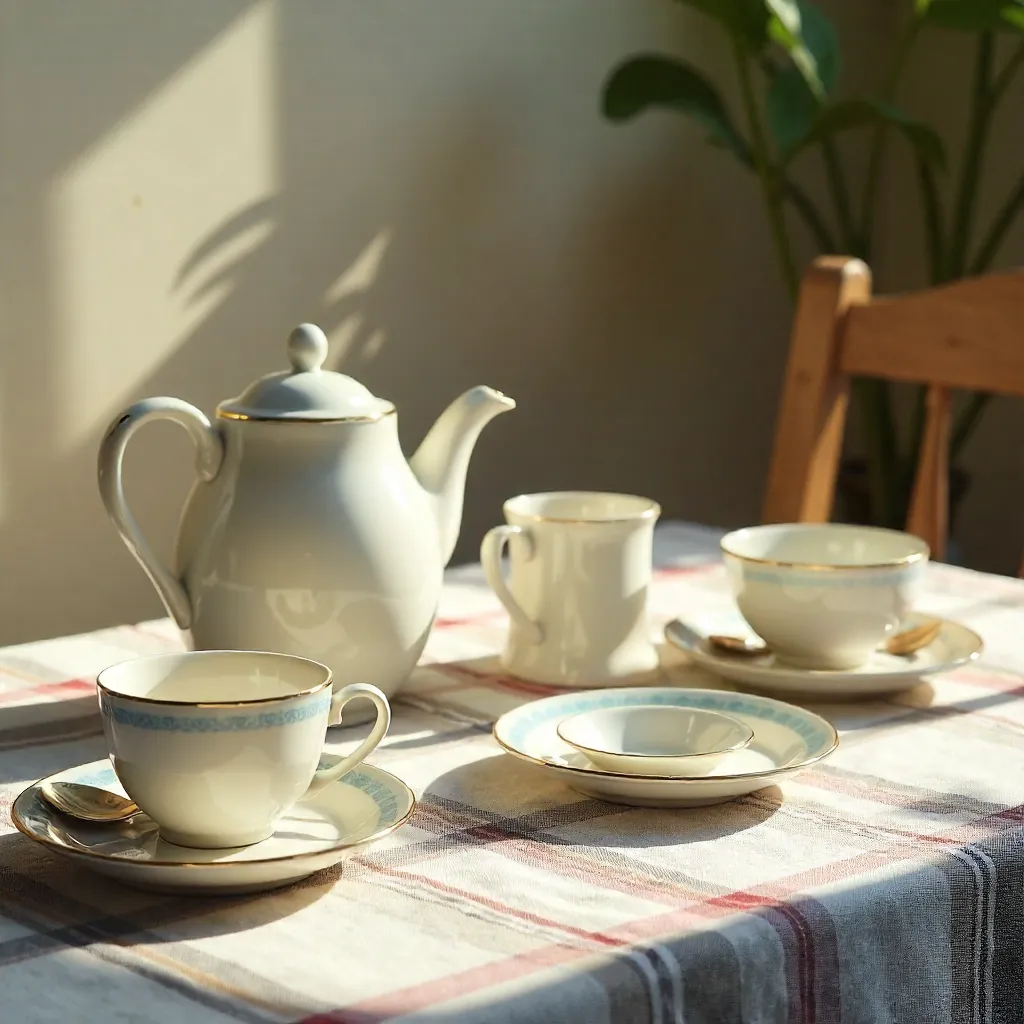 Elegant Ceramic Tableware on Checked Tablecloth in Soft Light