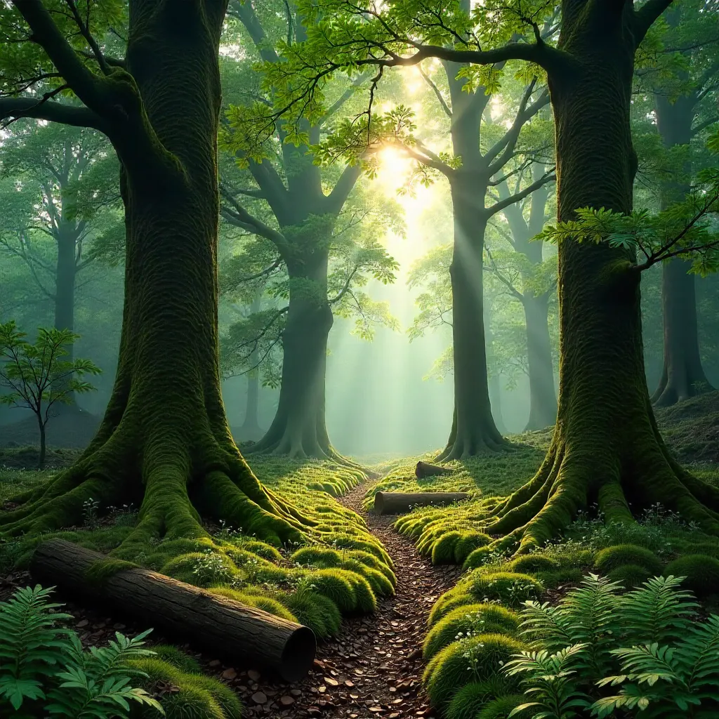 Tranquil English Forest: Tall Trees and Mossy Floor