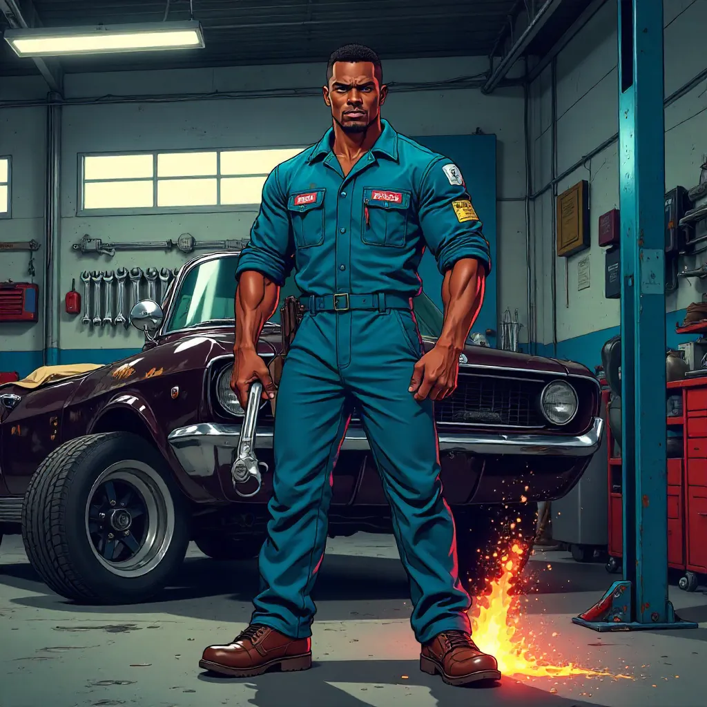 Athletic Black Mechanic in Anime Style