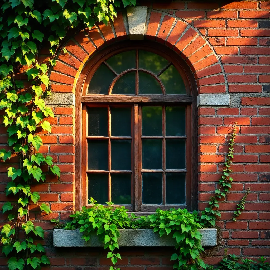 Close-up: Historic Brick Arch Window and Greenery