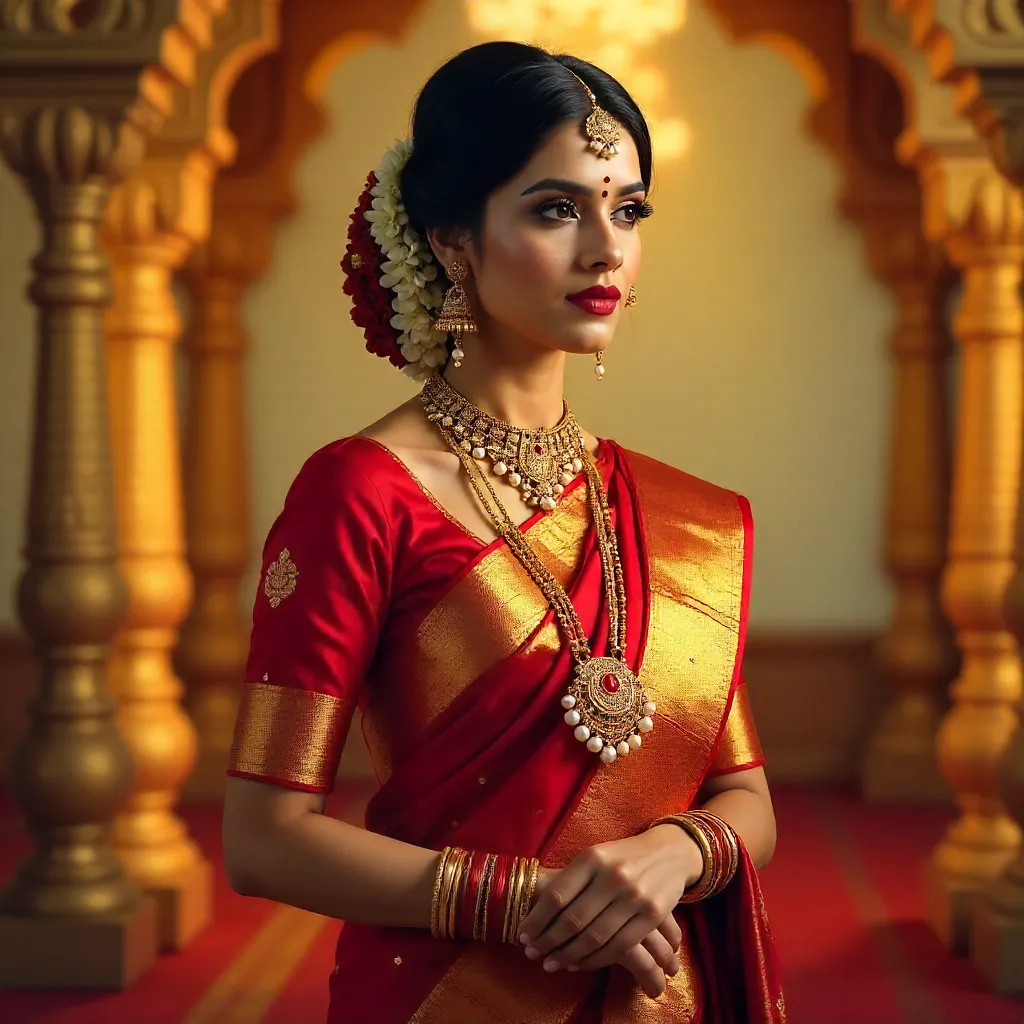 Elegant South Indian Bride in Red Kanjeevaram with Jasmine Hair