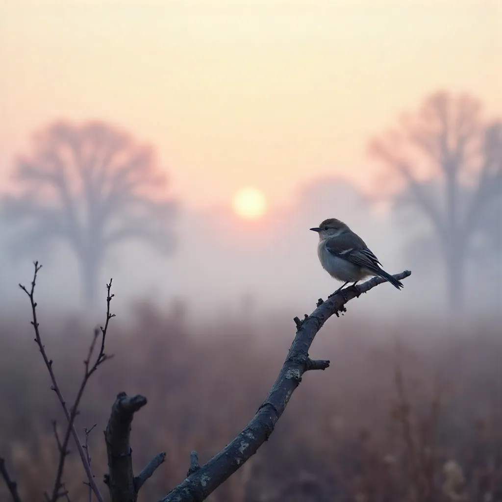 Mist-Kissed Branches: Tiny Bird at Dawn