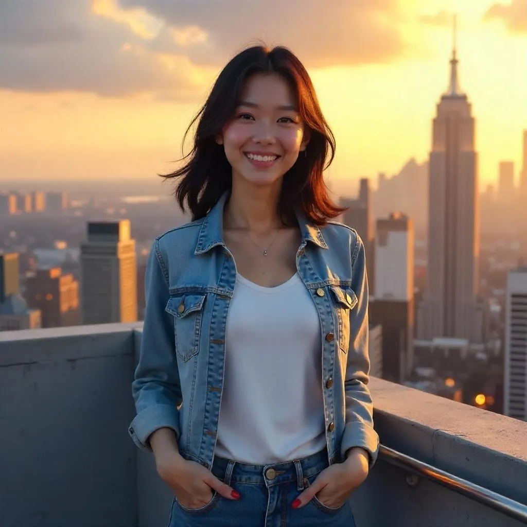 Cheerful Asian Woman on a Rooftop – 3D Render