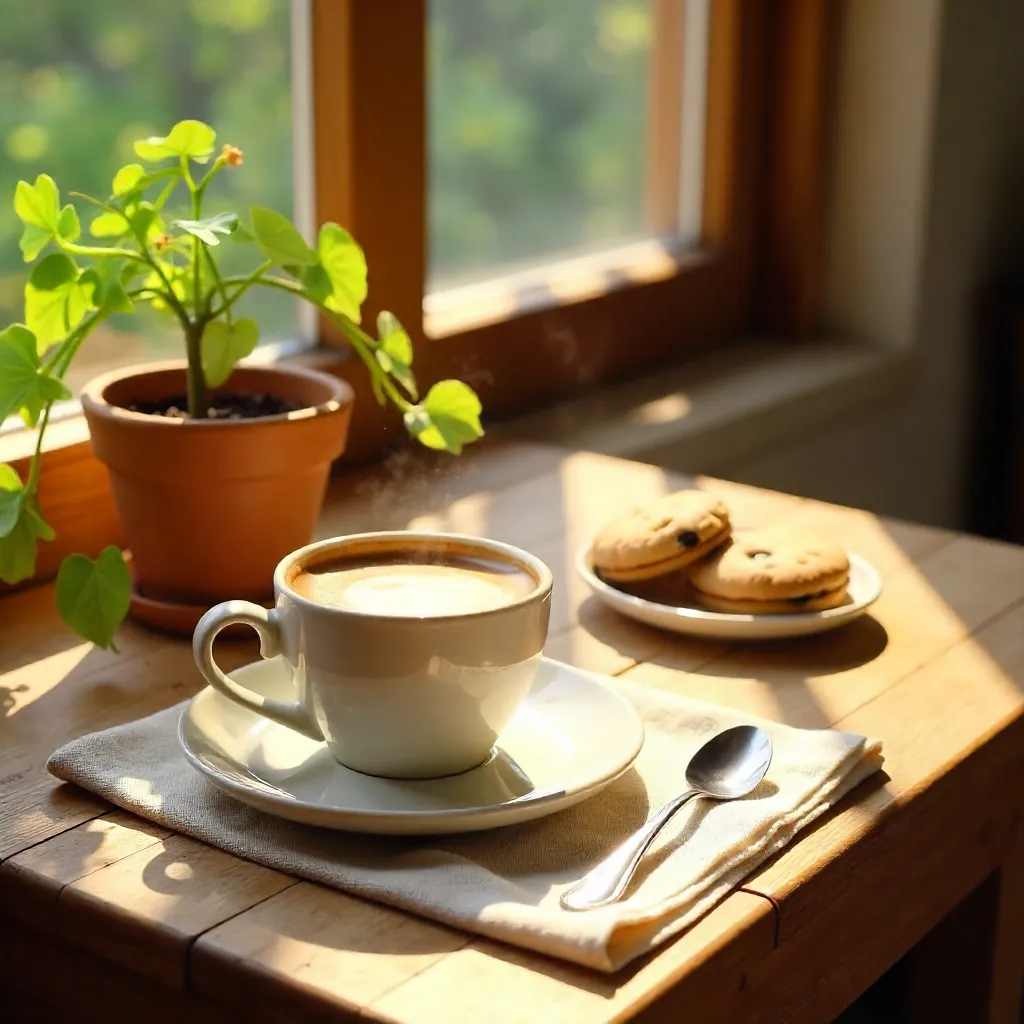 Sunlit Cozy Breakfast with Vine Plant and Cookies