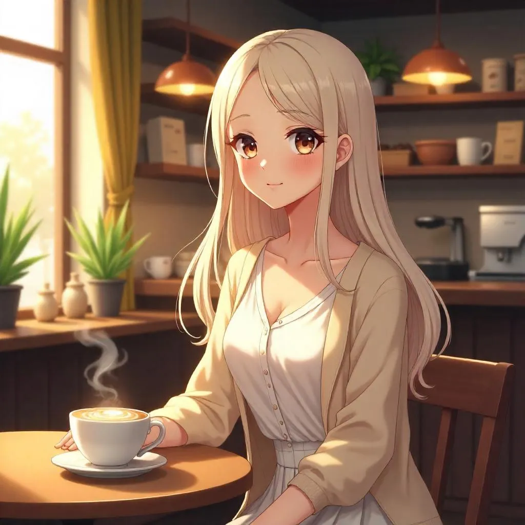 Elegant White Girl in a Cozy Anime Coffee Shop