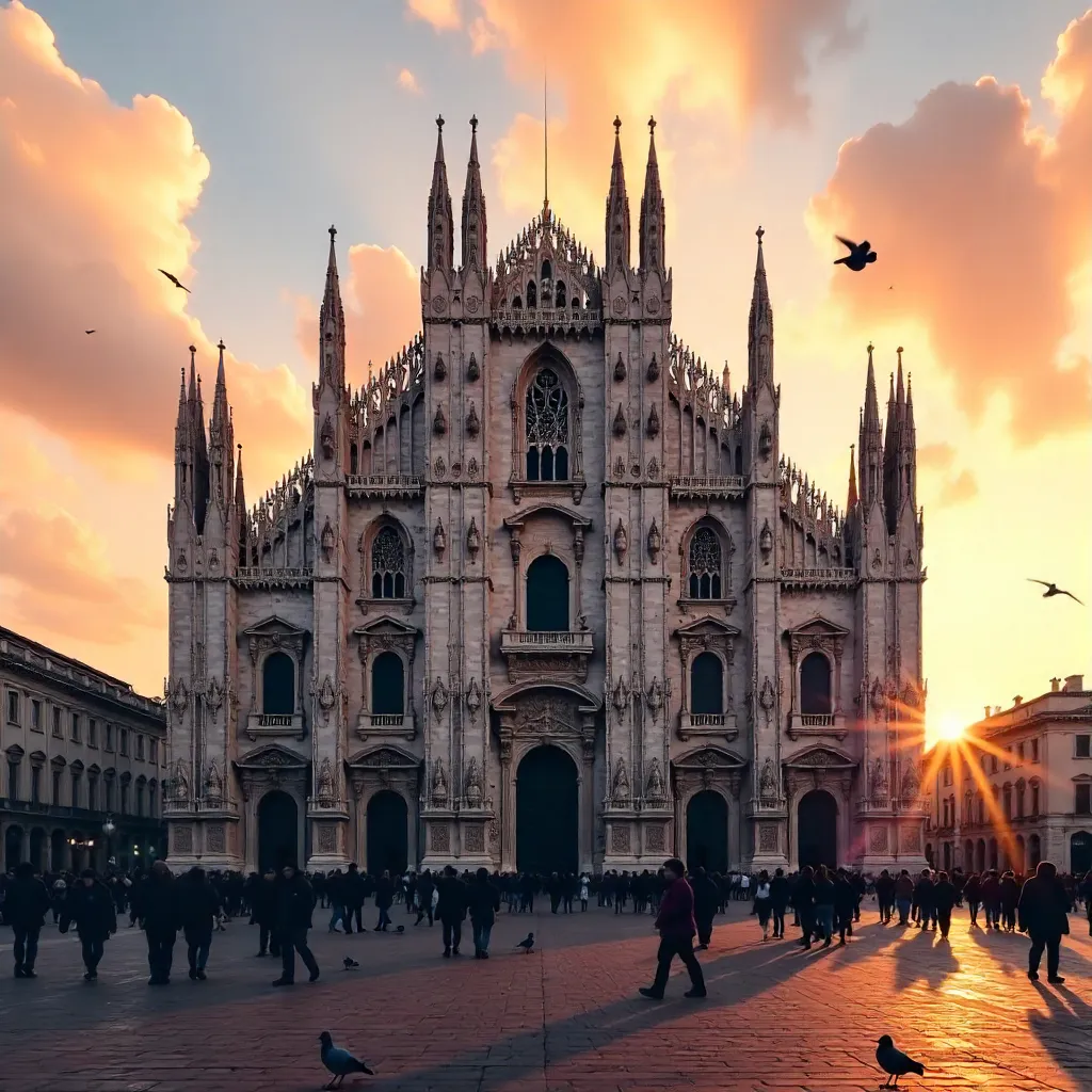 Silhouettes Before Milan Cathedral at Golden Hour