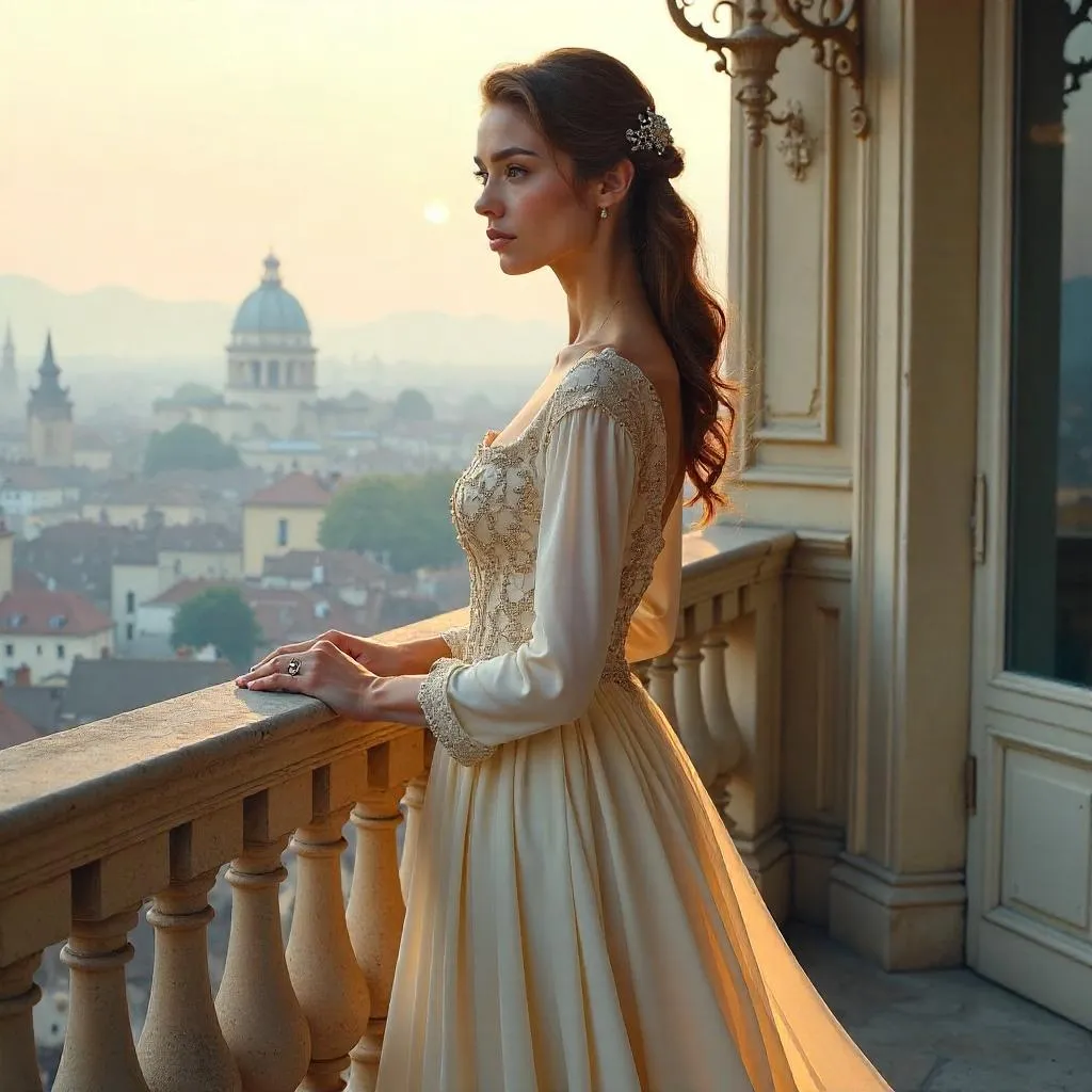 Elegant Balcony Concept Art: Fair-Skinned Woman