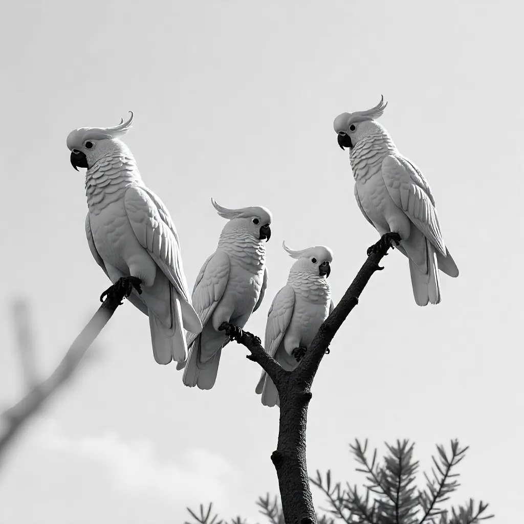 Monochrome Cockatoos on Eucalyptus Branches