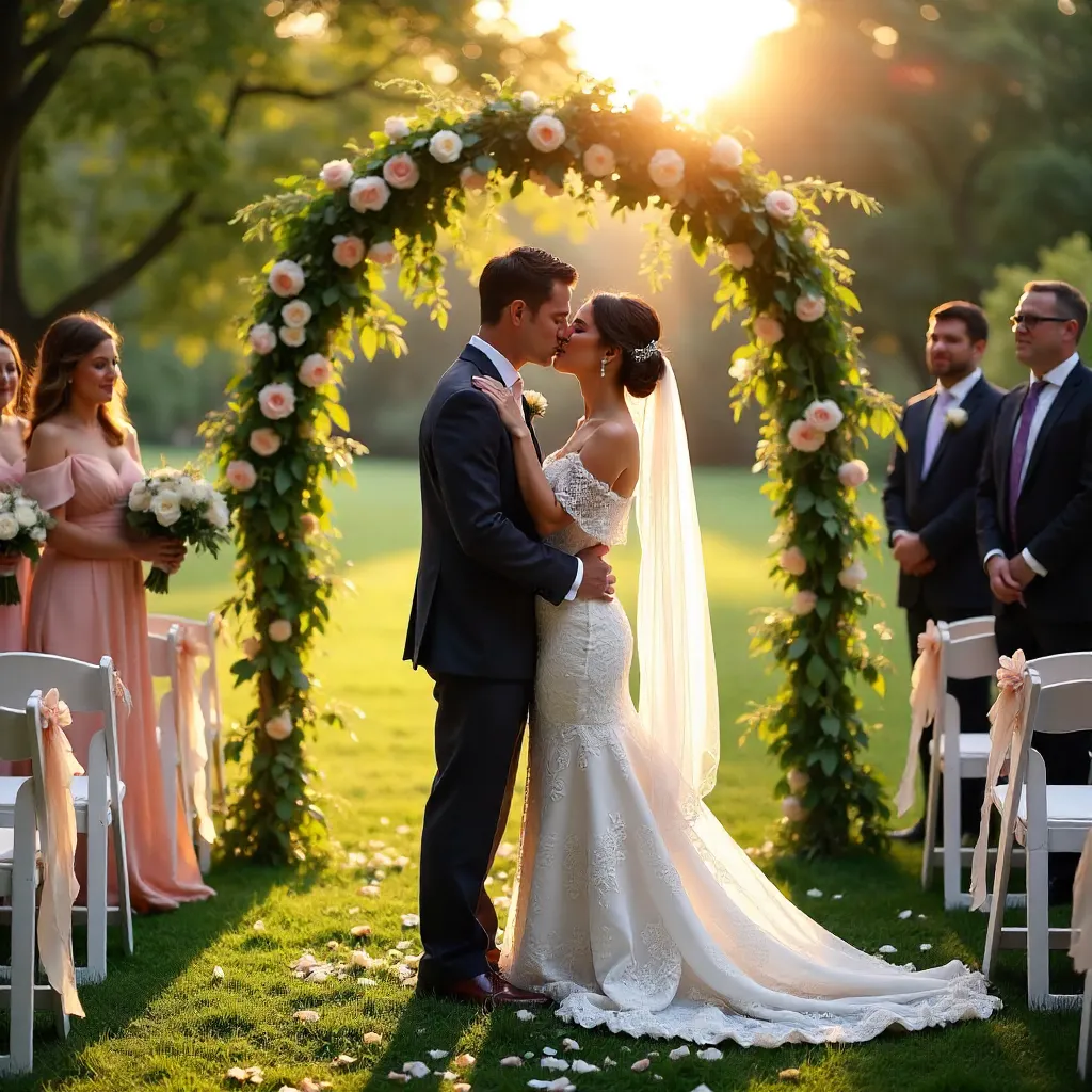 Outdoor Wedding Kiss: Elegant Couple in Bloom