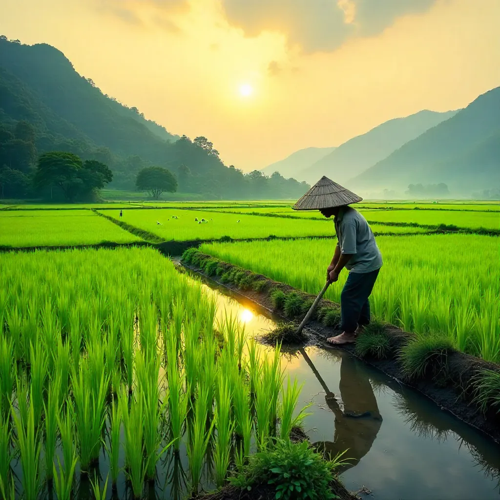 Farmer Tending a Lush Rice Field