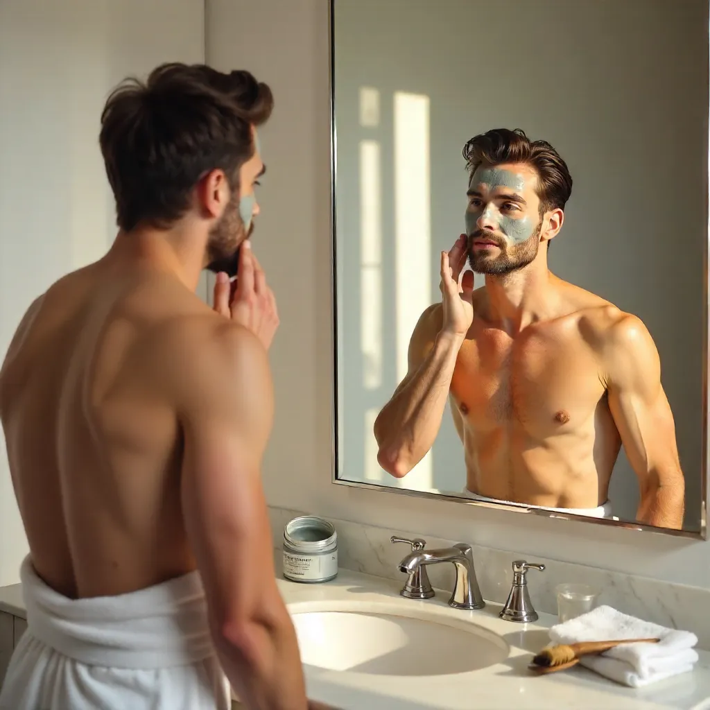 Young man applying a clay mask in front of a bathroom mirror
