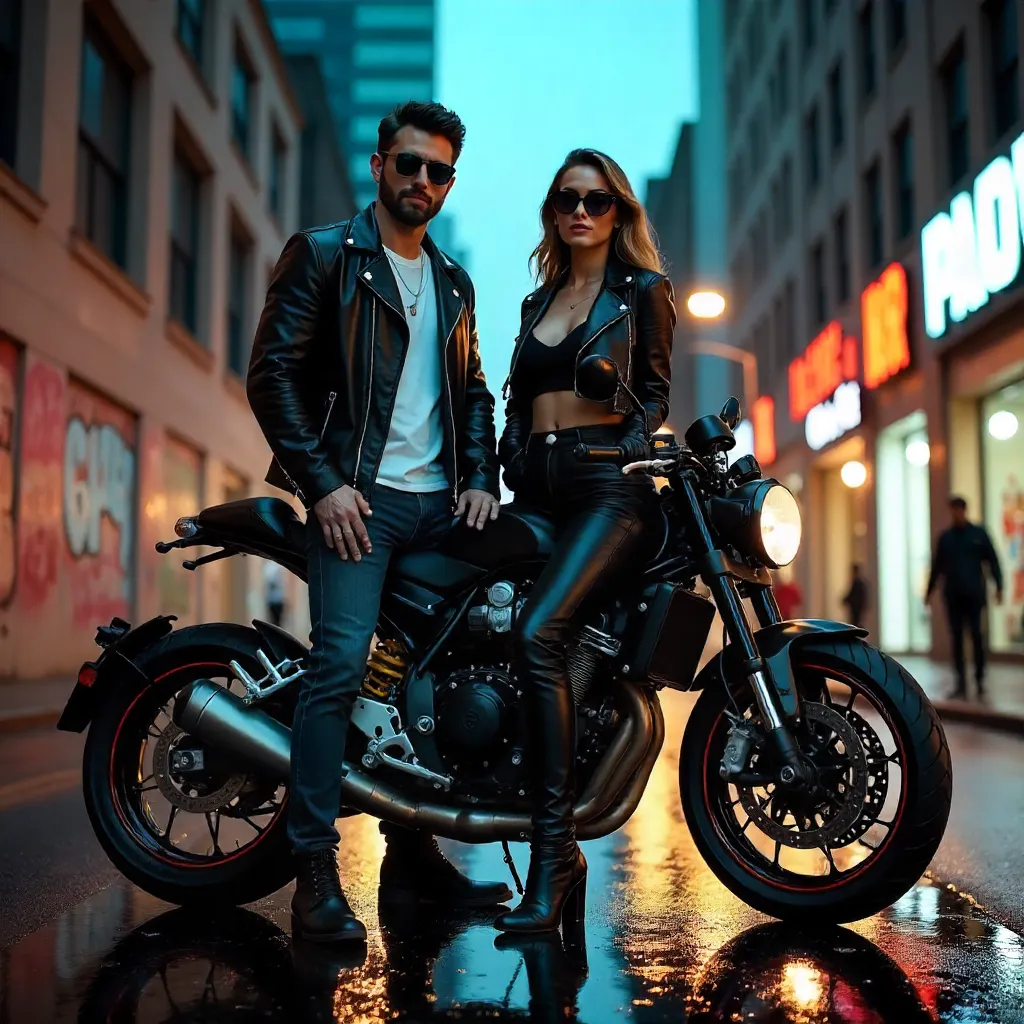 Urban Riders: Confident Duo by the Motorcycle