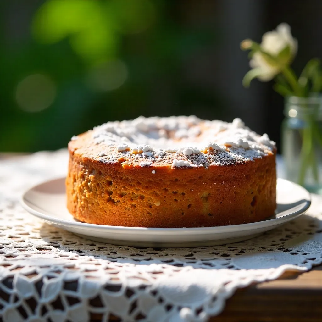 Sugar-Dusted Homemade Cake on Lace Tablecloth Outdoors