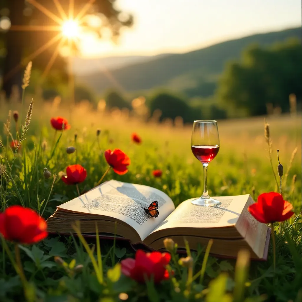 Romantic Meadow: Open Book, Wine Glass and Poppies