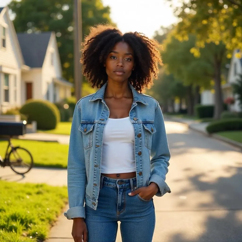 Photorealistic portrait of a young Black woman in suburbia