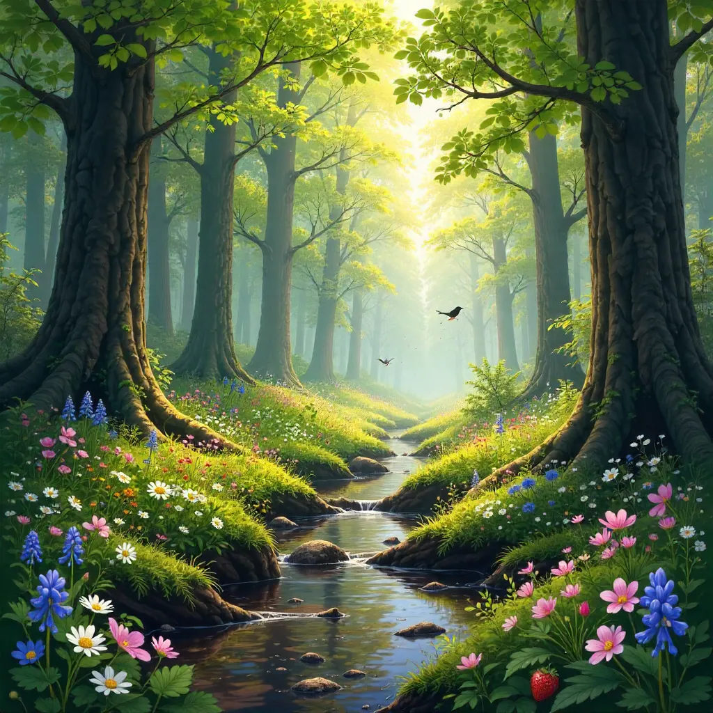 Tranquil Spring Forest with Blooming Wildflowers