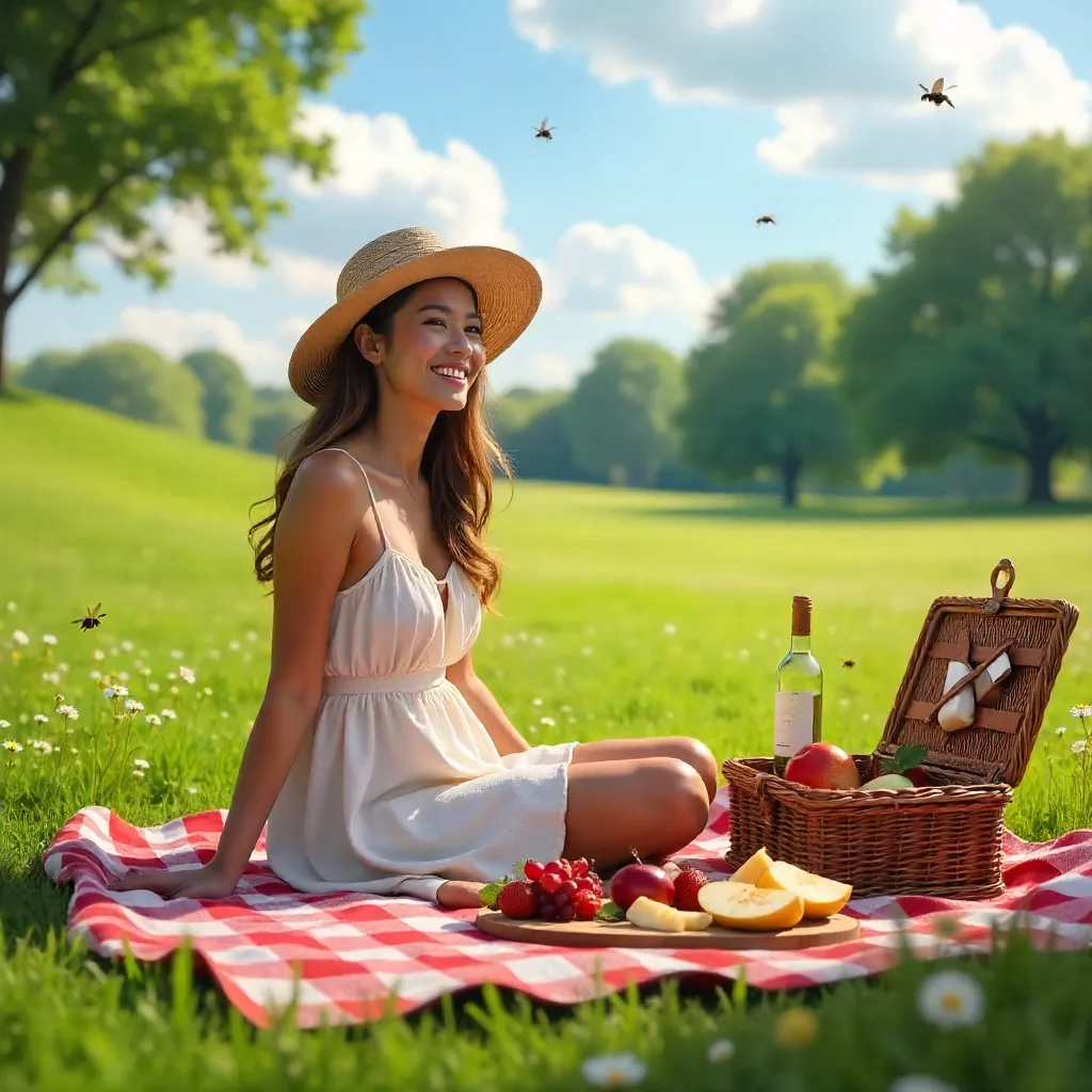 Sunlit Picnic: Woman with Wine and Fruit