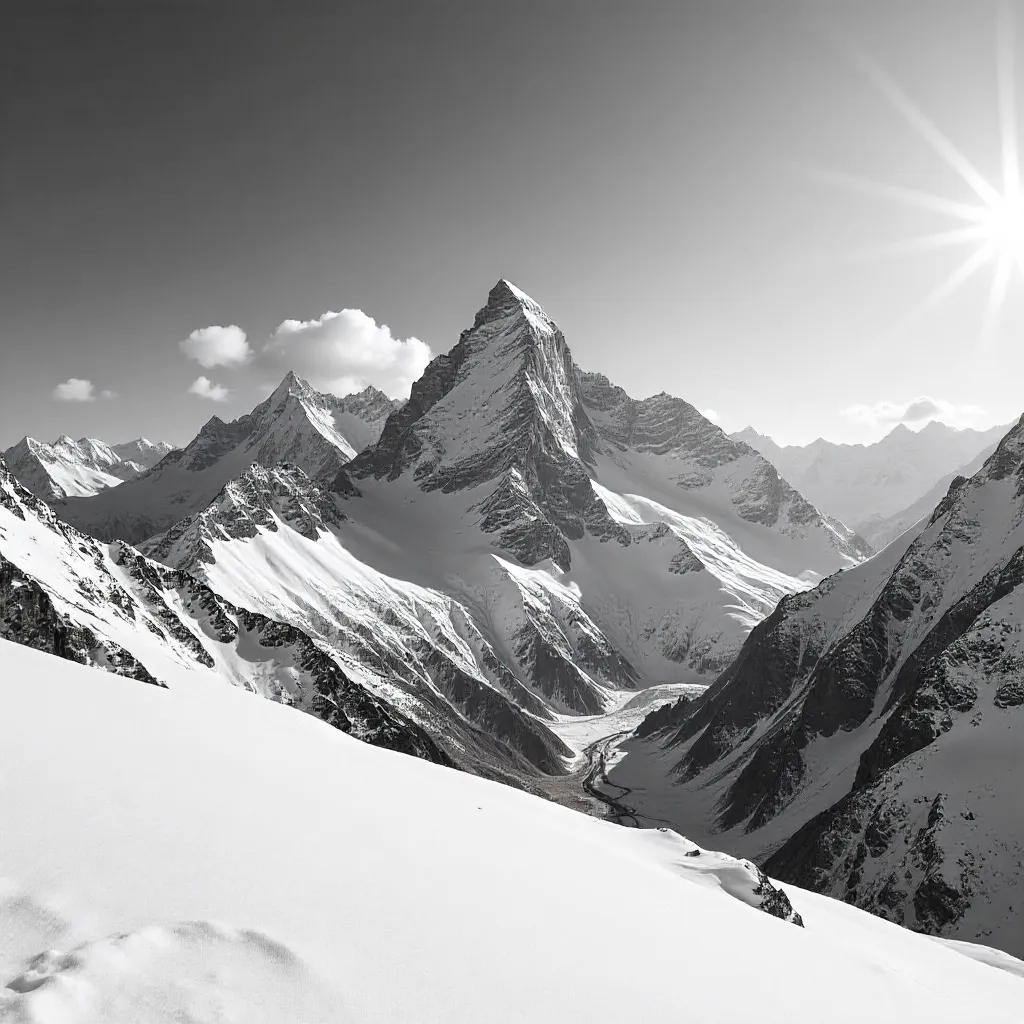Dramatic Black-and-White Snow Mountain Vista
