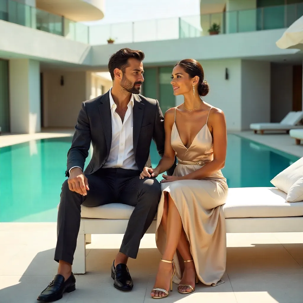 Modern Elegance: Poolside Couture Couple