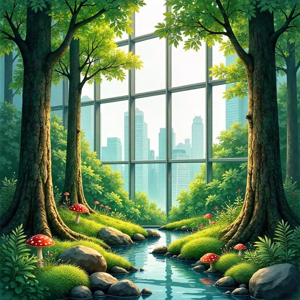 Watercolor Forest Inside a Skyscraper Atrium