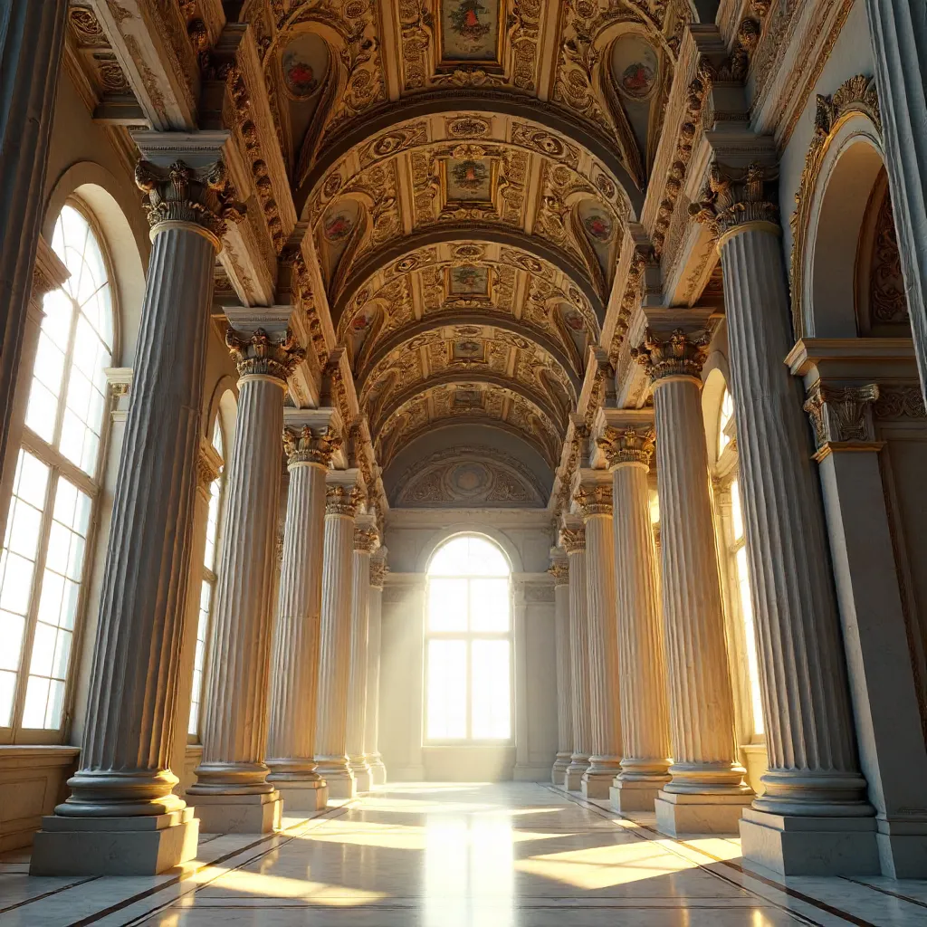 Ornate Ceiling and Acanthus Columns in Historic Hall