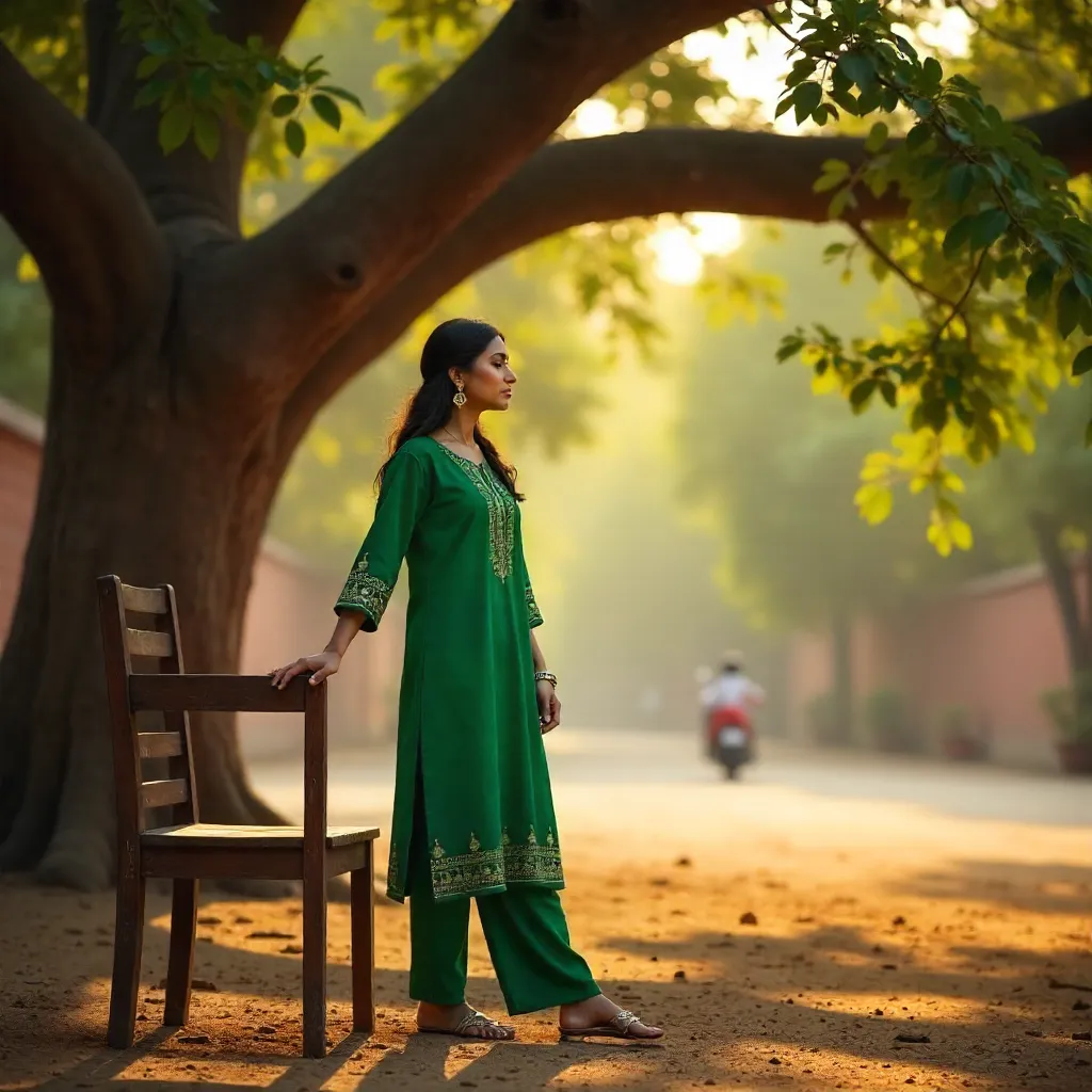 Woman by a Wooden Chair Under a Sprawling Banyan in Delhi