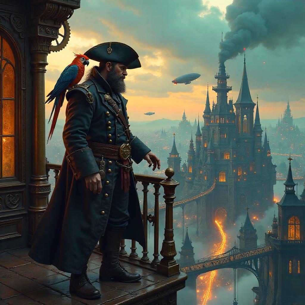 Clockwork Pirate in a Neon Steampunk City
