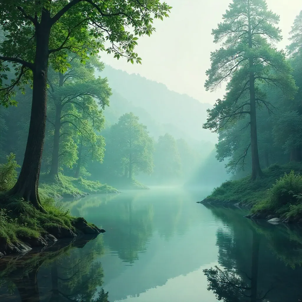 Mist-Kissed Forest by a Calm Lake at Dawn