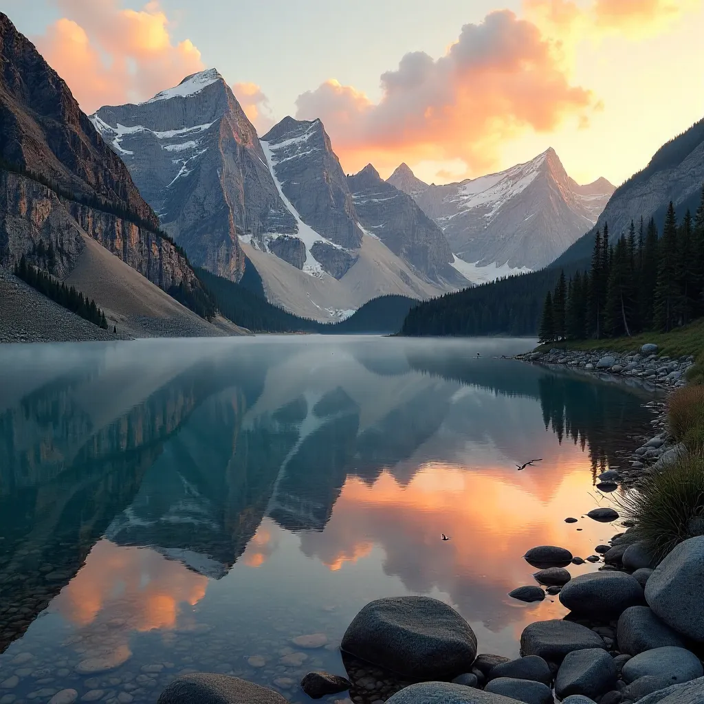 Sunset Reflections on a Quiet Mountain Lake