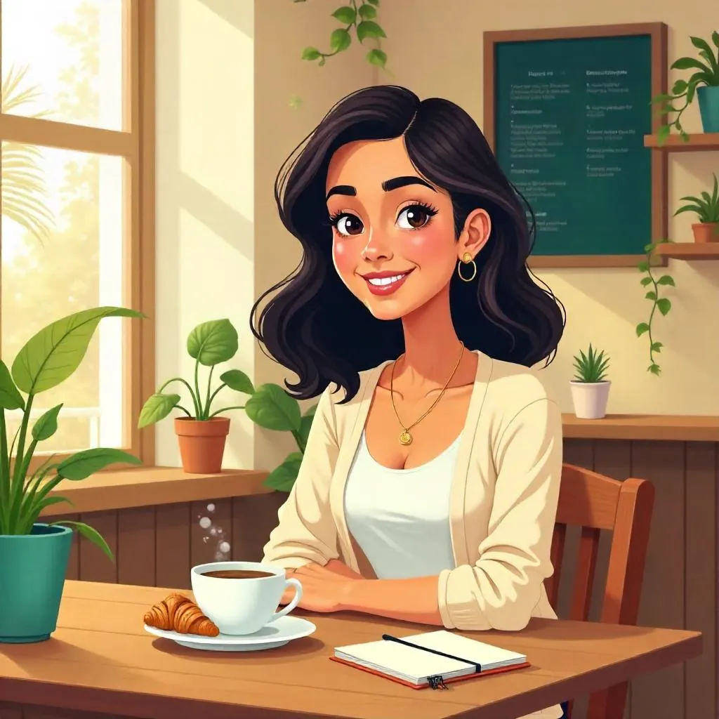 Cartoon Portrait: Young Middle Eastern Woman in a Cafe