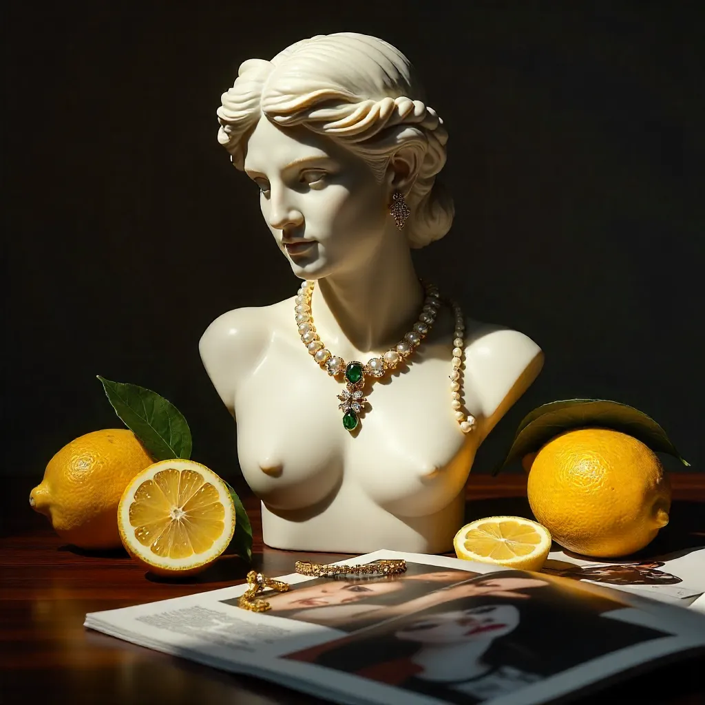 Marble Bust with Jewelry Among Lemons and Magazine