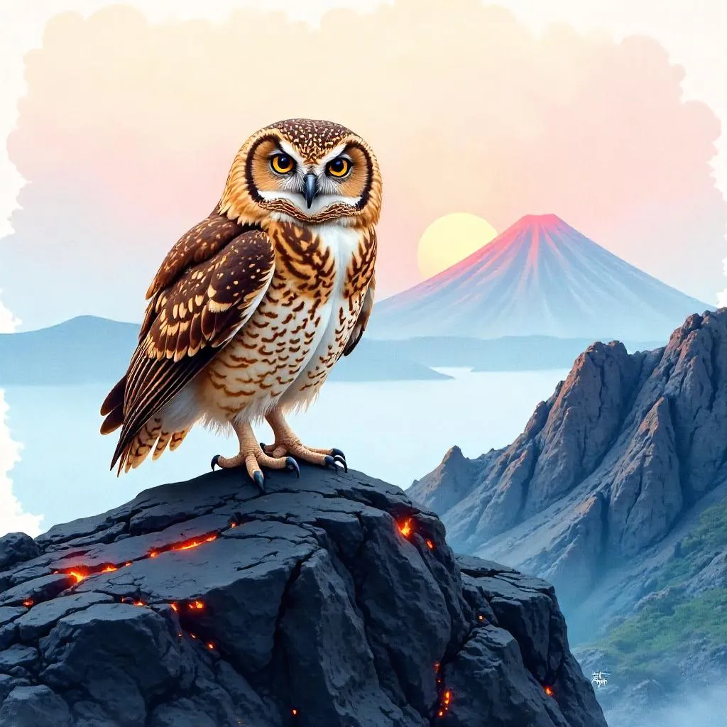 Owl in Watercolor on Volcanic Rocks