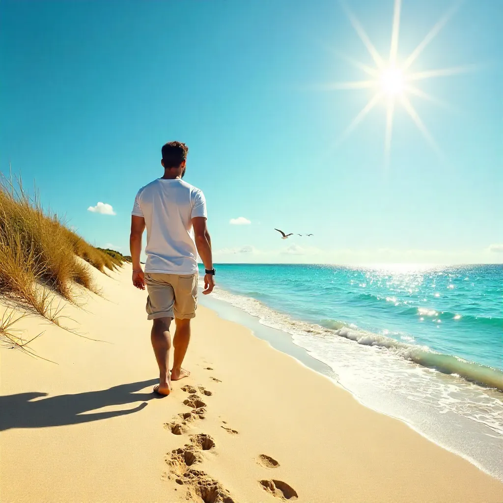 Sunlit Beach Stroll Under a Serene Ocean View