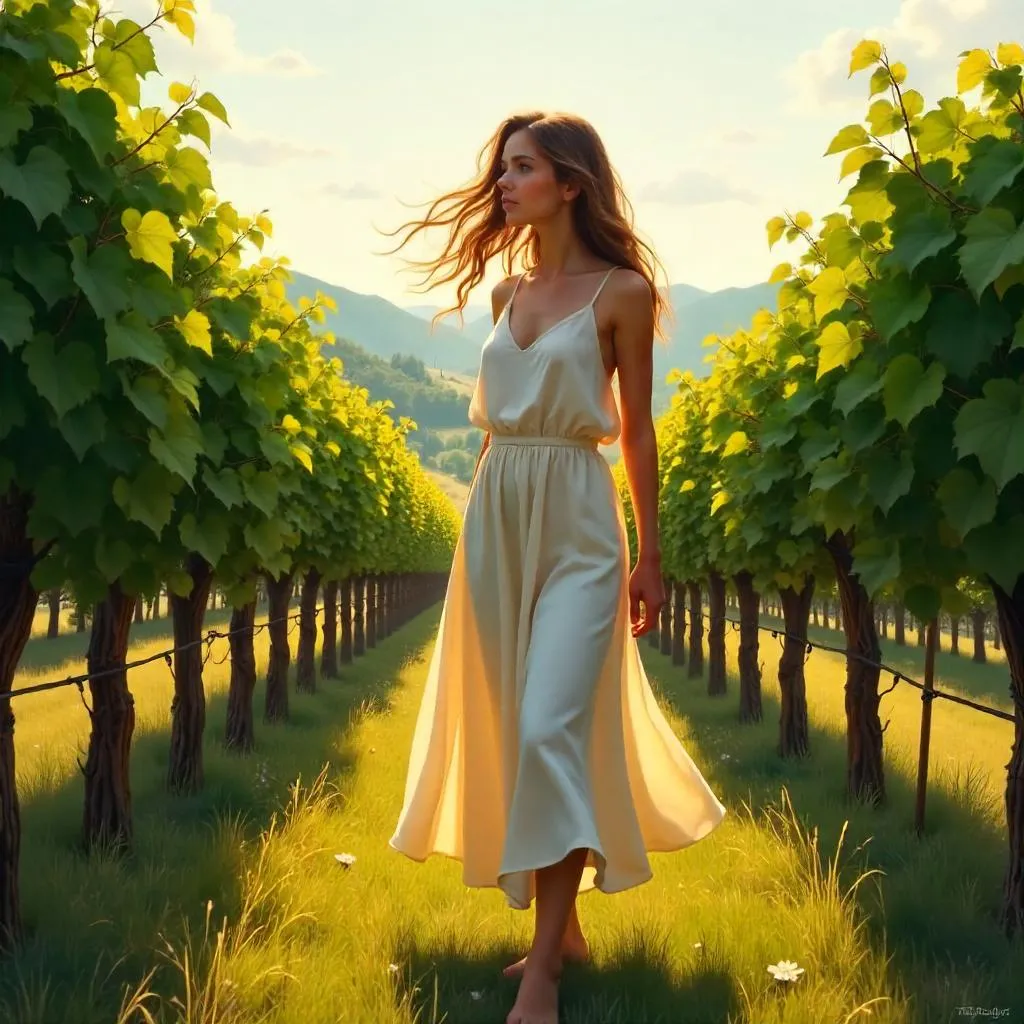Vineyard Concept Art: Young Woman in Sunlit Rows