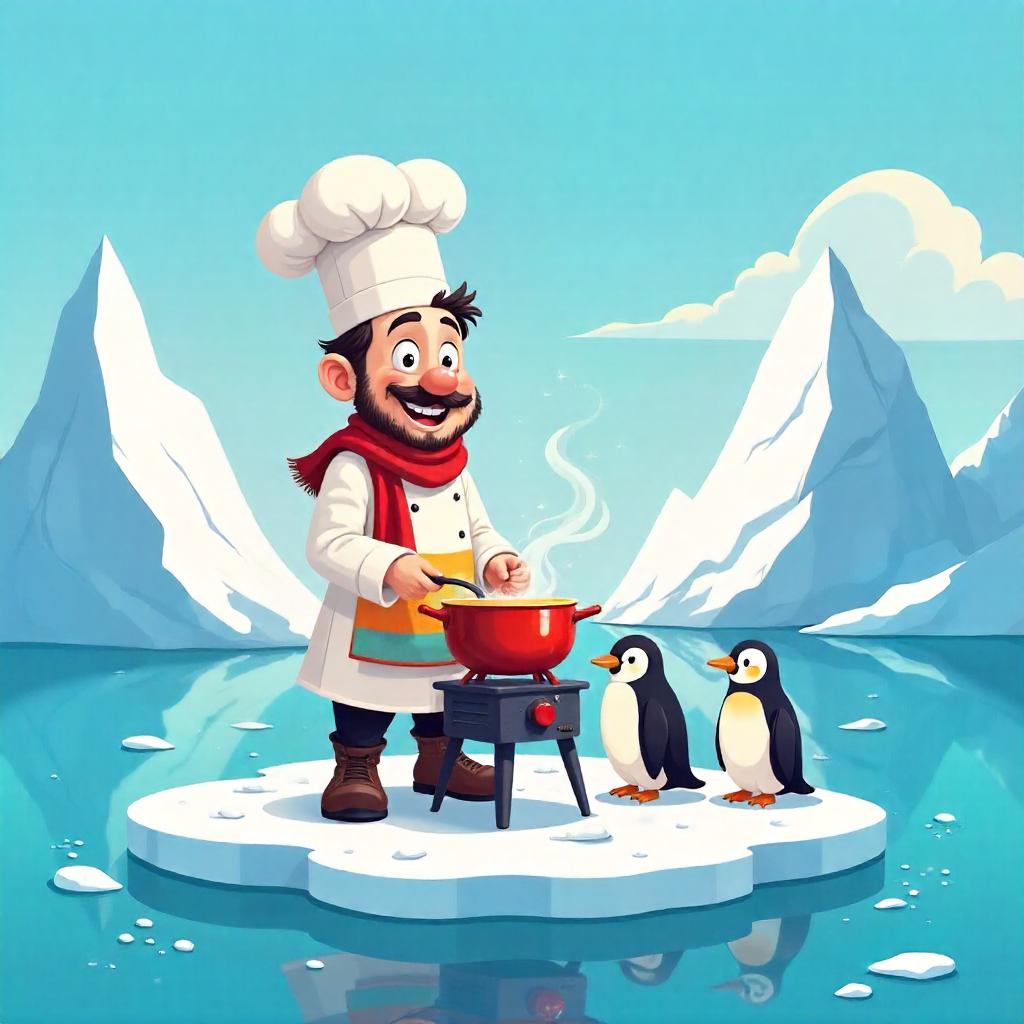 Cheerful Cartoon Chef Among Icebergs