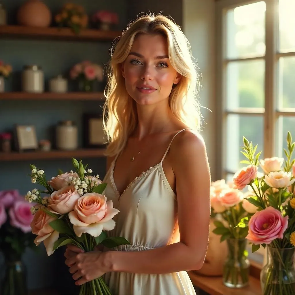 Sunlit White Woman in a Flower Shop