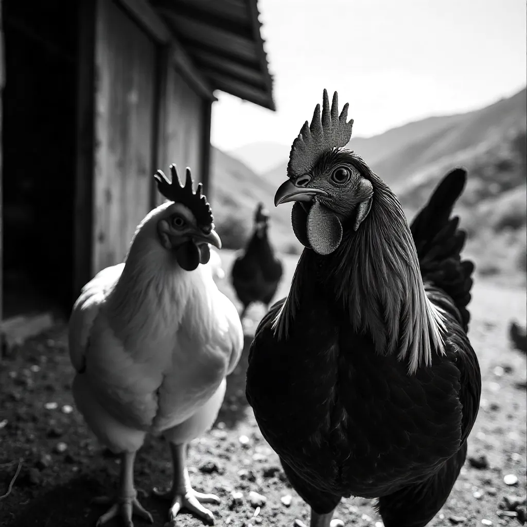 Monochrome Close-Up of Chickens on an Ecuadorian Farm