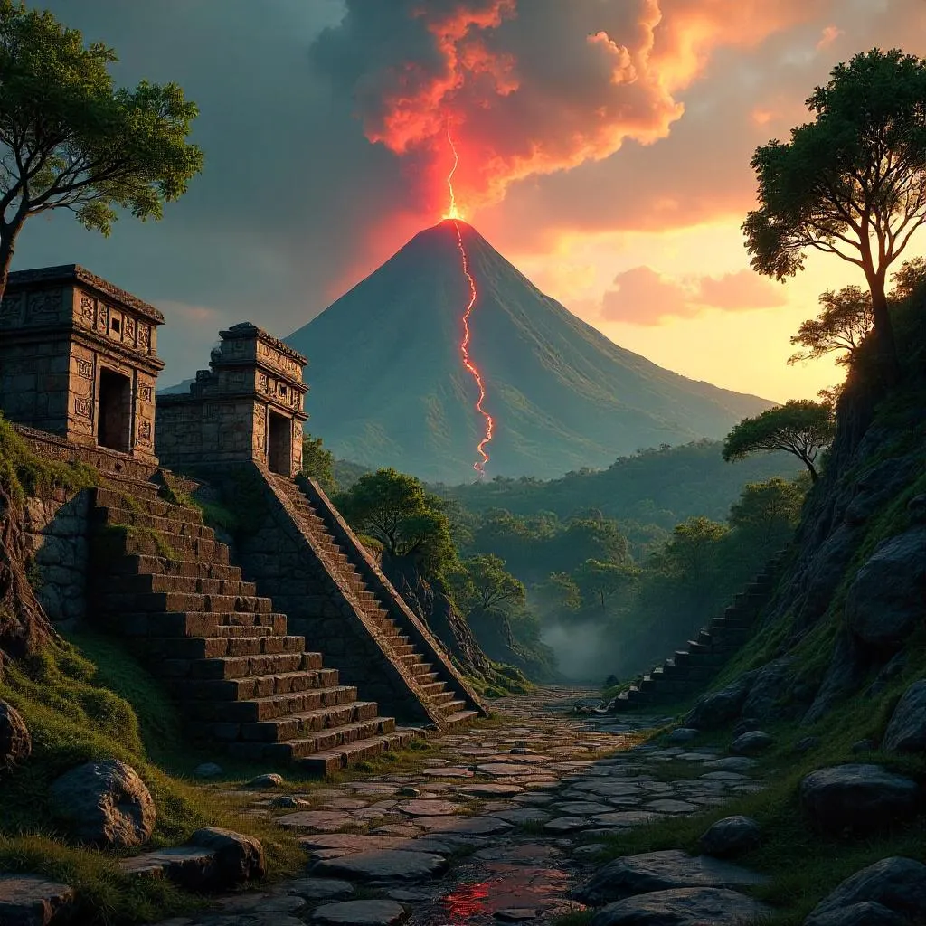 Volcano Over Mayan Ruins at Sunset